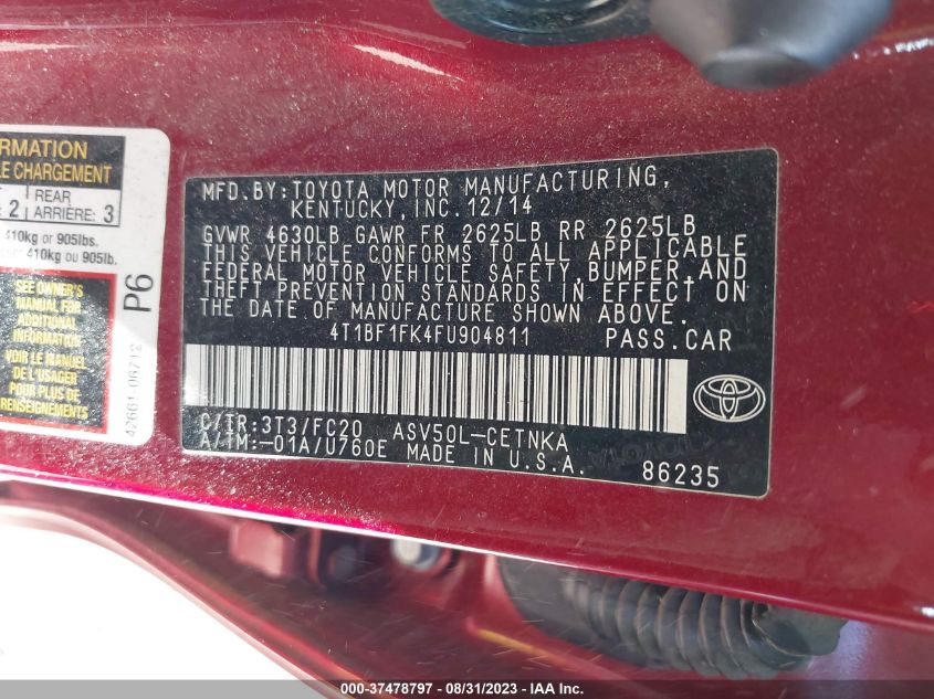 2015 TOYOTA CAMRY XLE/SE/LE/XSE - 4T1BF1FK4FU904811