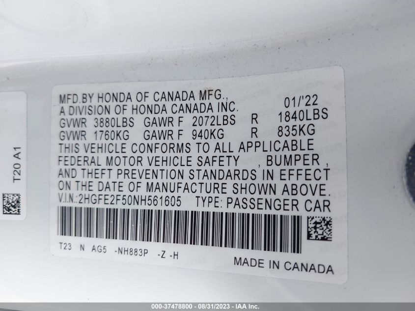 2022 HONDA CIVIC SEDAN SPORT - 2HGFE2F50NH561605