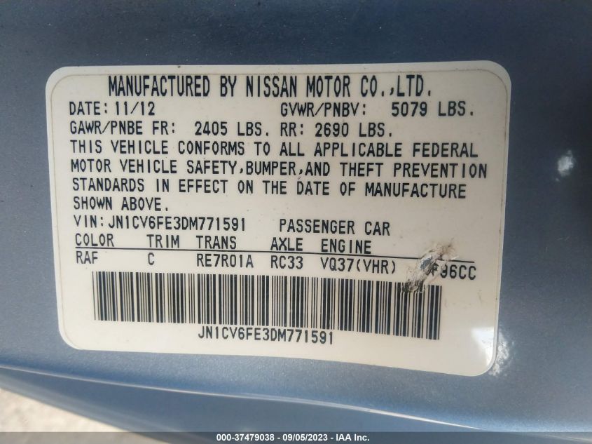 2013 INFINITI G37 CONVERTIBLE BASE JN1CV6FE3DM771591