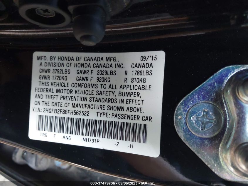 2015 HONDA CIVIC SEDAN EX - 2HGFB2F86FH562522