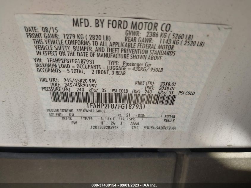 2015 FORD TAURUS LIMITED - 1FAHP2F87FG187931