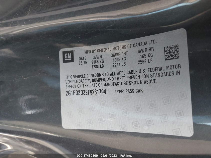 2015 CHEVROLET CAMARO LT - 2G1FD3D32F9281794