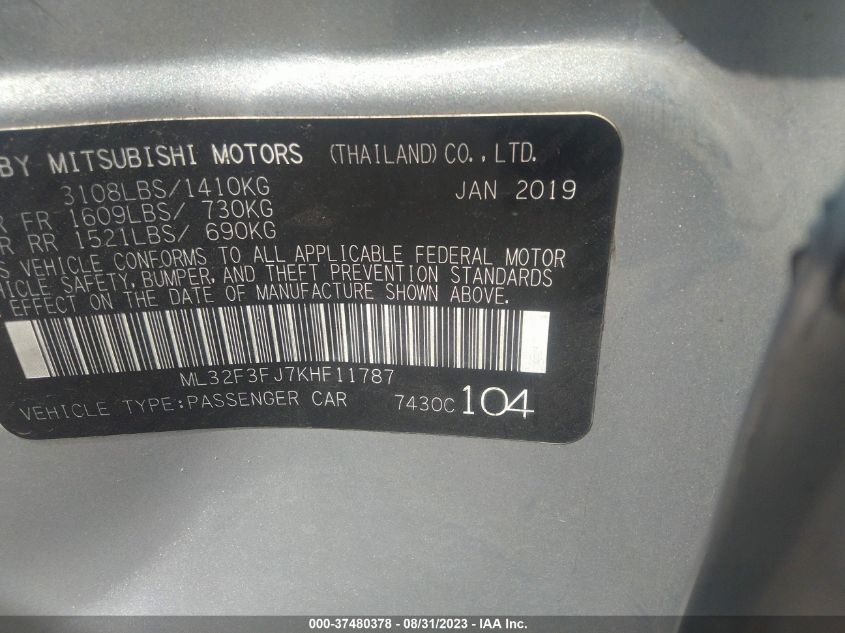2019 MITSUBISHI MIRAGE G4 ES/RF - ML32F3FJ7KHF11787