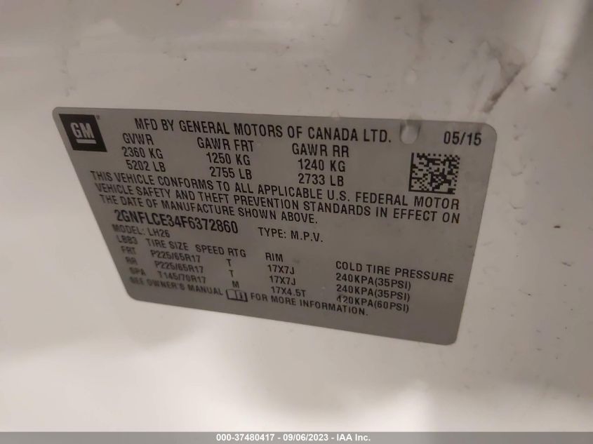 2015 CHEVROLET EQUINOX LT - 2GNFLCE34F6372860