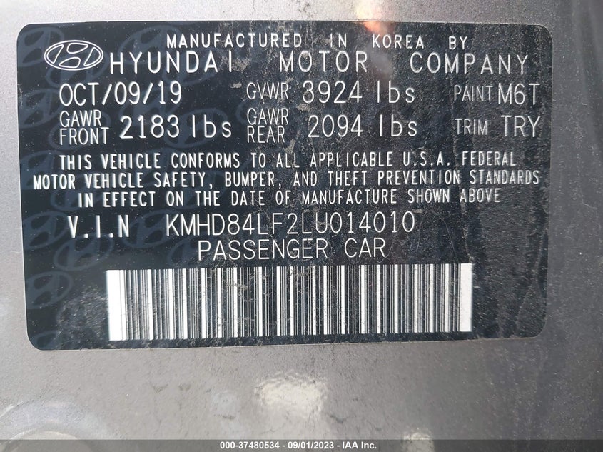 VIN KMHD84LF2LU014010 2020 HYUNDAI ELANTRA SEL