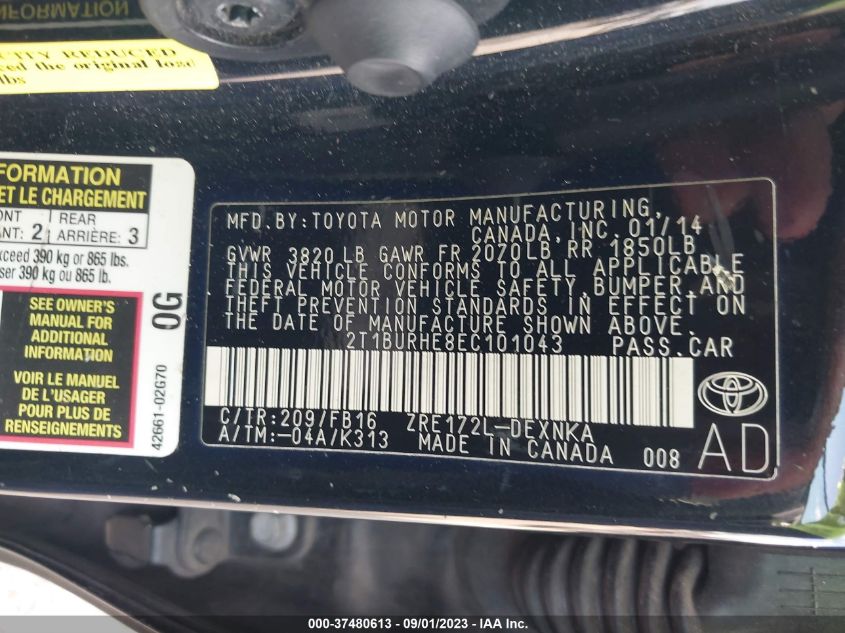 2014 TOYOTA COROLLA L/LE/S/S PLUS/LE PLUS - 2T1BURHE8EC101043