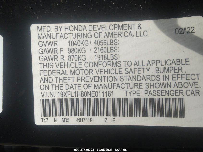 2022 HONDA CIVIC SPORT TOURING - 19XFL1H80NE011161