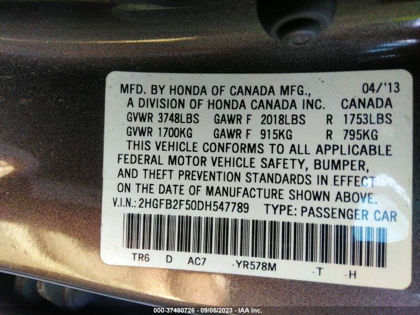 2013 HONDA CIVIC SDN LX - 2HGFB2F50DH547789