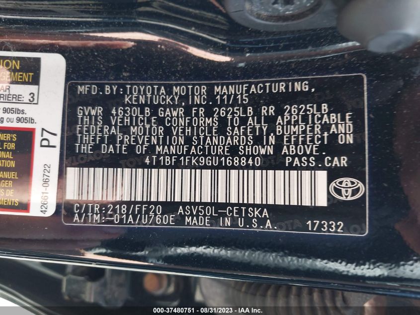 2016 TOYOTA CAMRY XLE/SE/LE/XSE - 4T1BF1FK9GU168840