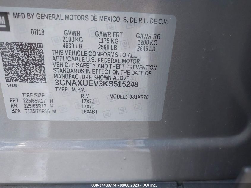 2019 CHEVROLET EQUINOX LT - 3GNAXUEV3KS515248