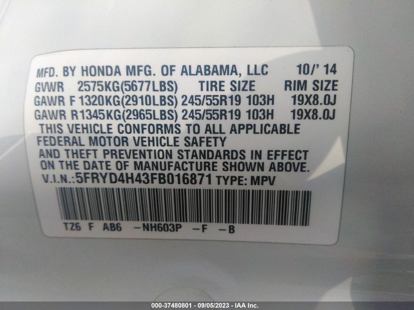 2015 ACURA MDX TECH PKG - 5FRYD4H43FB016871