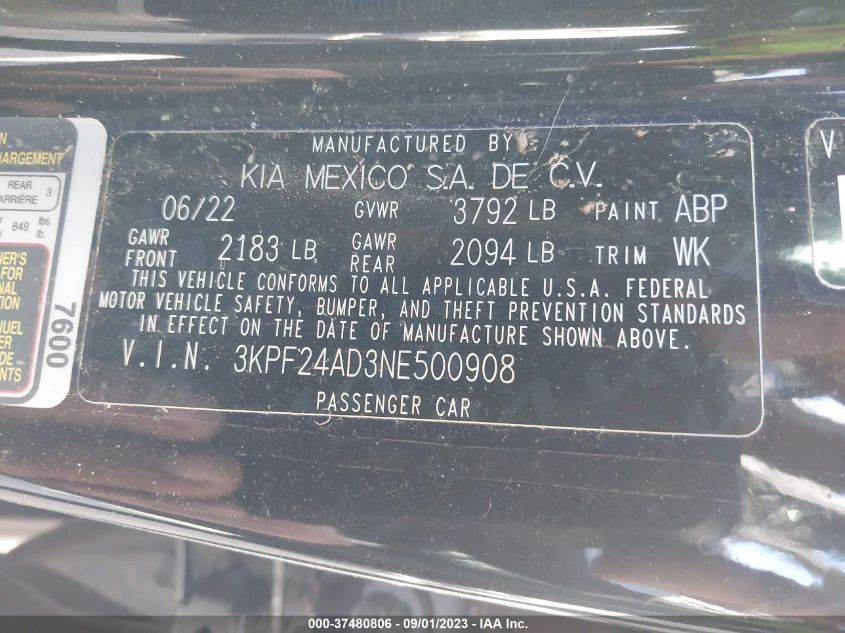 2022 KIA FORTE FE - 3KPF24AD3NE500908