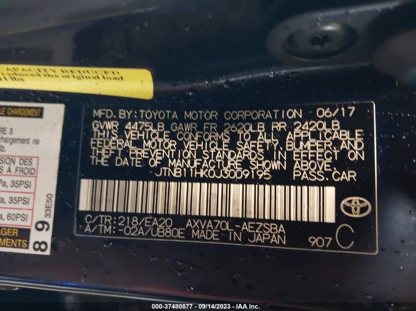 2018 TOYOTA CAMRY LE/SE/XLE/L - JTNB11HK0J3009195