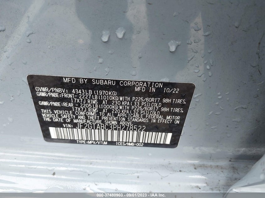 VIN JF2GTABC3PH278522 2023 SUBARU CROSSTREK