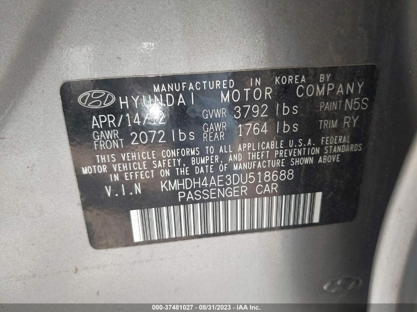 2013 HYUNDAI ELANTRA LIMITED - KMHDH4AE3DU518688