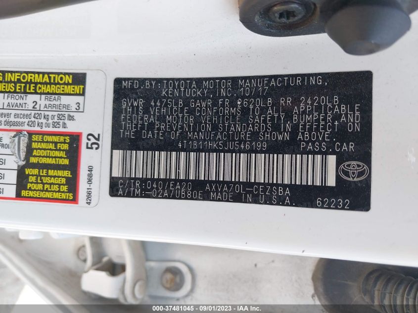 2018 TOYOTA CAMRY LE/SE/XLE/L - 4T1B11HK5JU546199
