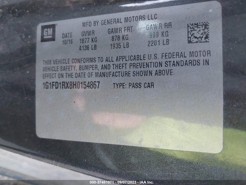 VIN 1G1FD1RX8H0154867 2017 CHEVROLET CAMARO 2LT