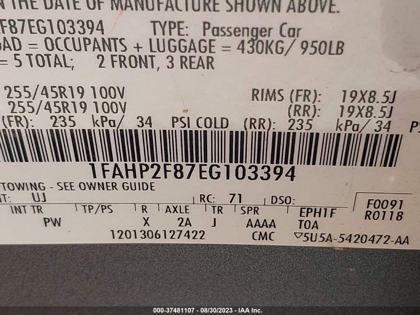 2014 FORD TAURUS LIMITED - 1FAHP2F87EG103394