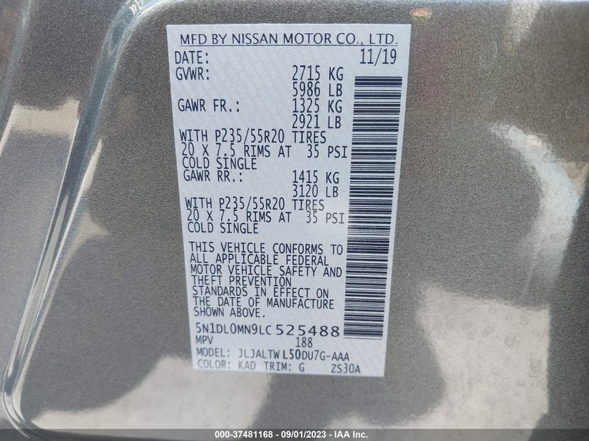 VIN 5N1DL0MN9LC525488 2020 INFINITI QX60 LUXE