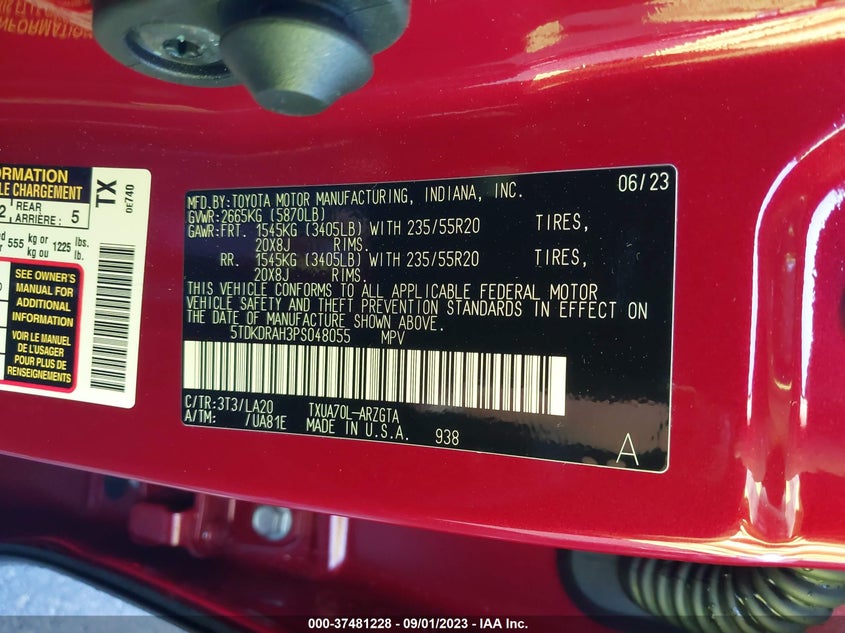 VIN 5TDKDRAH3PS048055 2023 TOYOTA HIGHLANDER L/LE/XLE/XSE/LIMITED