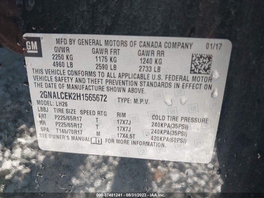 VIN 2GNALCEK2H1565672 2017 CHEVROLET EQUINOX LT
