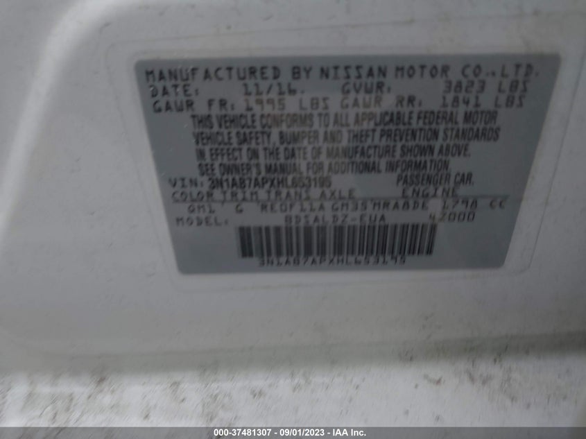 VIN 3N1AB7APXHL653195 2017 NISSAN SENTRA SV
