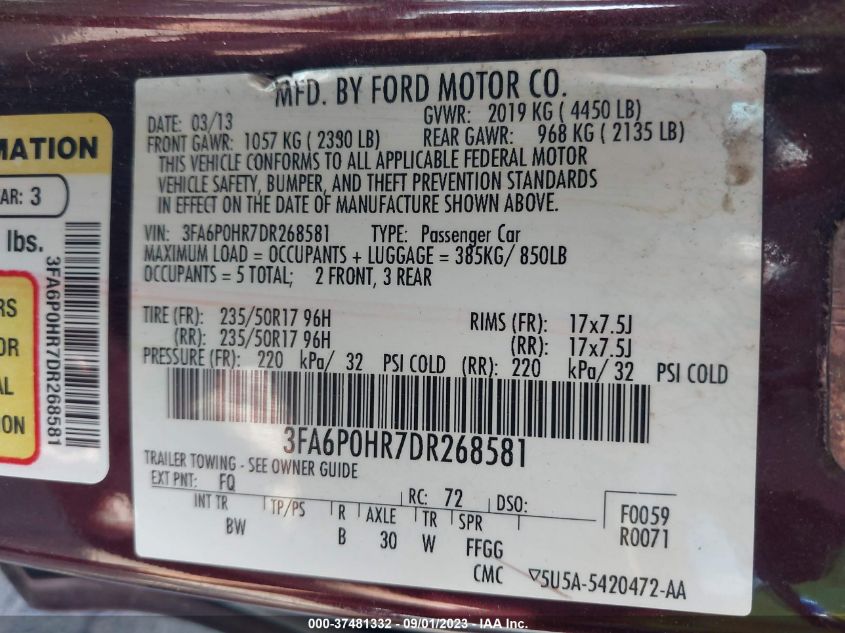 2013 FORD FUSION SE - 3FA6P0HR7DR268581
