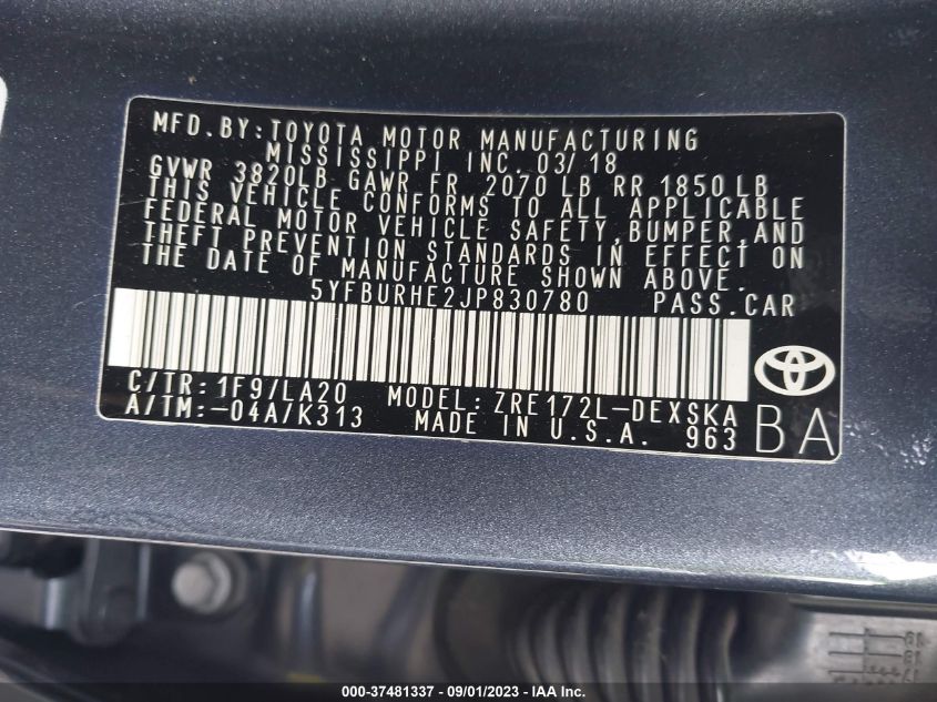 2018 TOYOTA COROLLA L/LE/XLE/SE/XSE - 5YFBURHE2JP830780