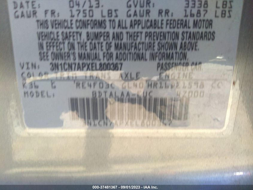 2014 NISSAN VERSA S/S PLUS/SV/SL - 3N1CN7APXEL800367