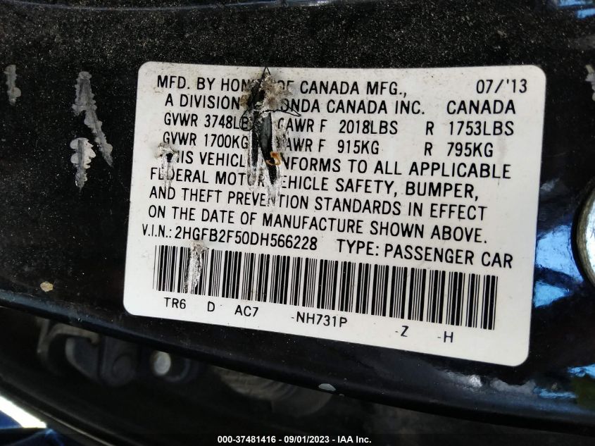 2013 HONDA CIVIC SDN LX - 2HGFB2F50DH566228