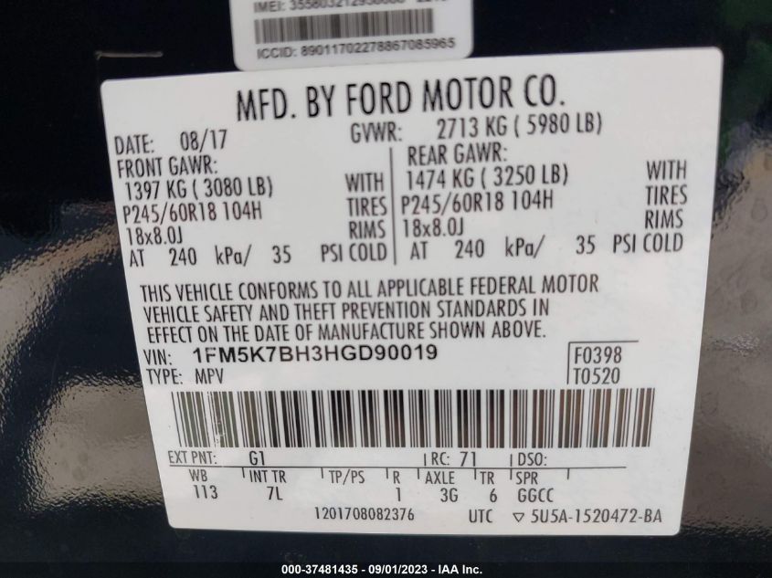 2017 FORD EXPLORER BASE - 1FM5K7BH3HGD90019