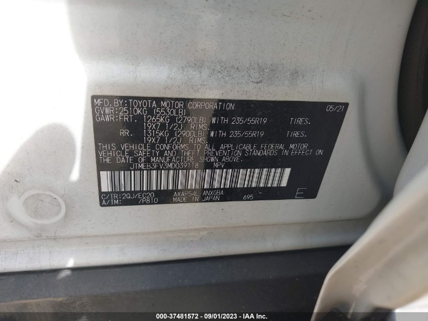 VIN JTMEB3FV3MD039118 2021 TOYOTA RAV4 PRIME XSE