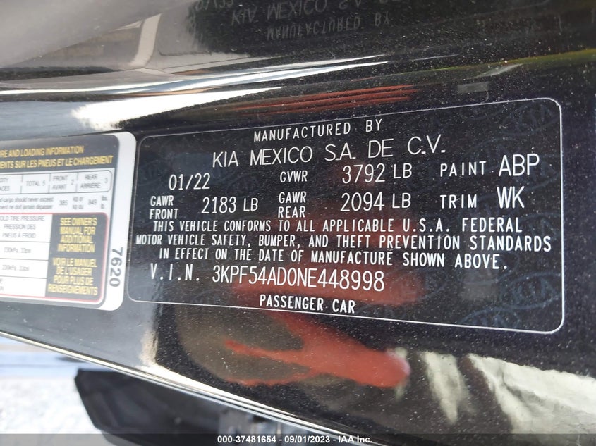 VIN 3KPF54AD0NE448998 2022 KIA FORTE GT LINE