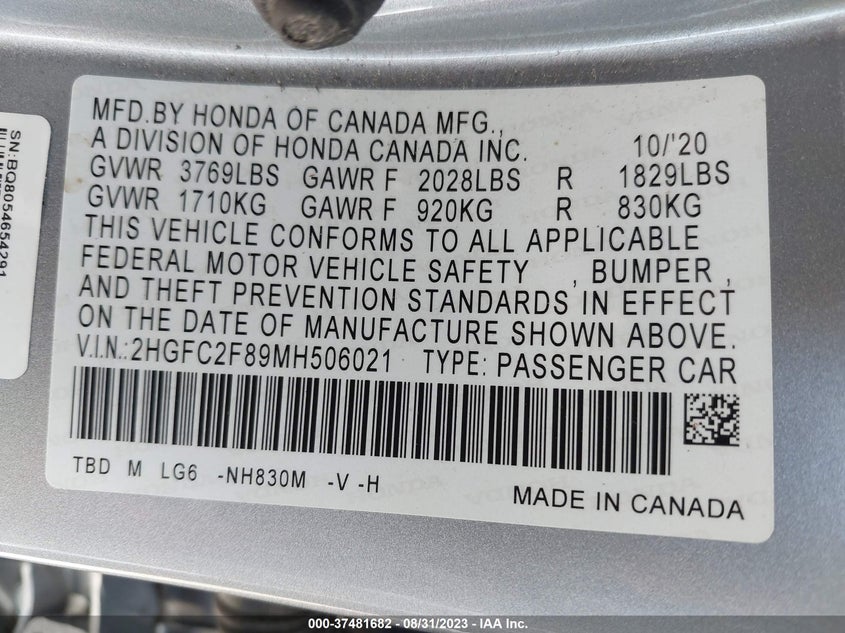 VIN 2HGFC2F89MH506021 2021 HONDA CIVIC SEDAN SPORT