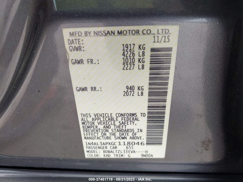 2016 NISSAN ALTIMA 2.5 SL - 1N4AL3APXGC118046