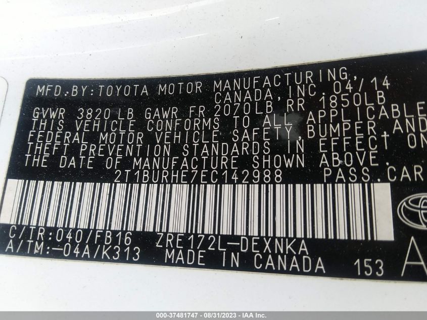 2014 TOYOTA COROLLA L/LE/LE PLS/PRM/S/S PLS - 2T1BURHE7EC142988