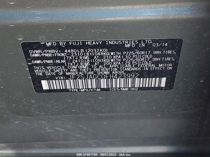 2015 SUBARU FORESTER 2.5I PREMIUM - JF2SJAGC0FH423992