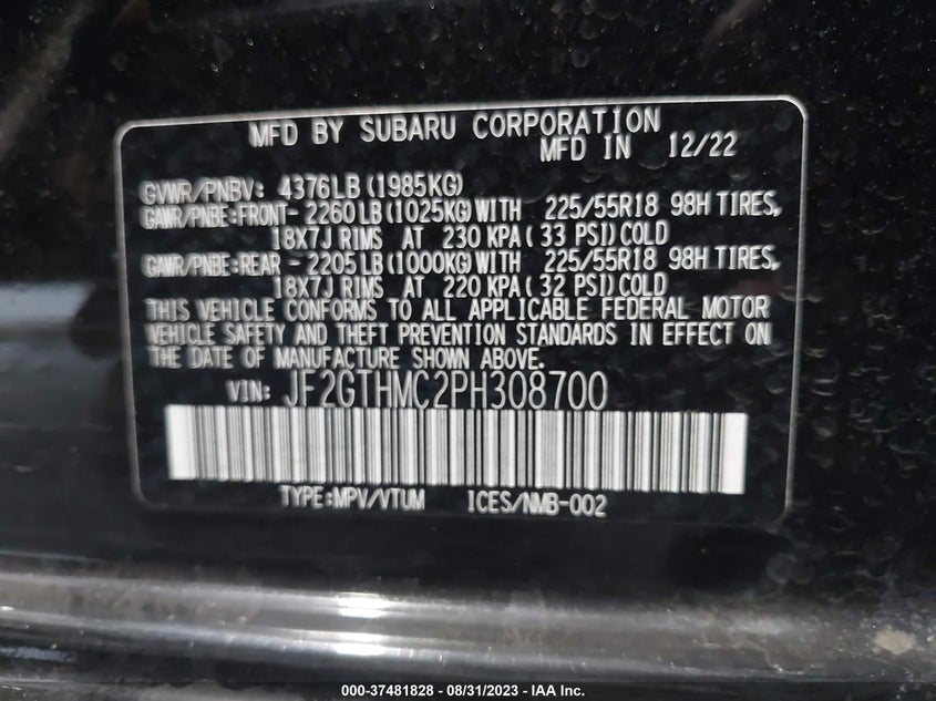 VIN JF2GTHMC2PH308700 2023 SUBARU CROSSTREK LIMITED