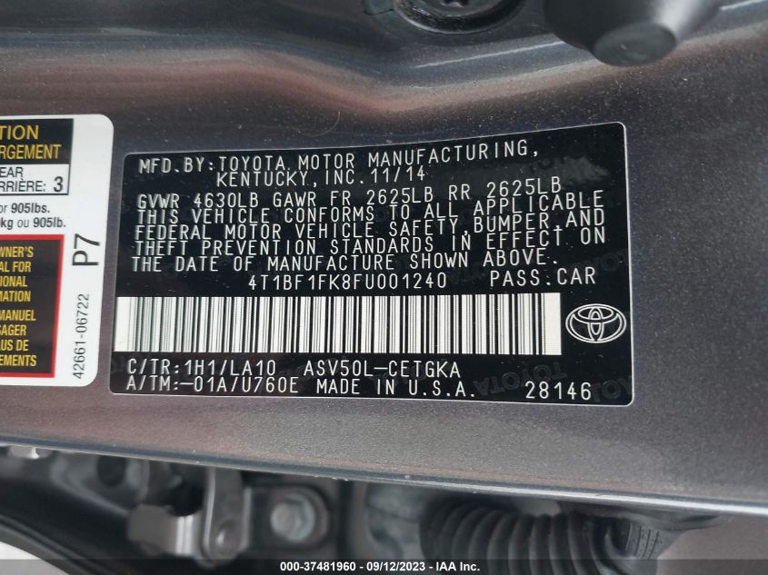 2015 TOYOTA CAMRY XLE - 4T1BF1FK8FU001240