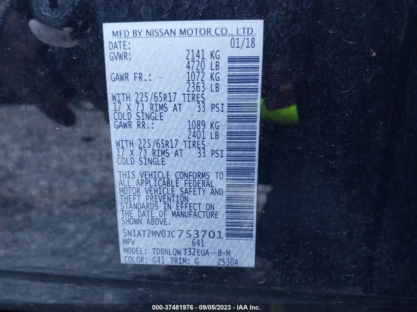 VIN 5N1AT2MV0JC753701 2018 NISSAN ROGUE SV