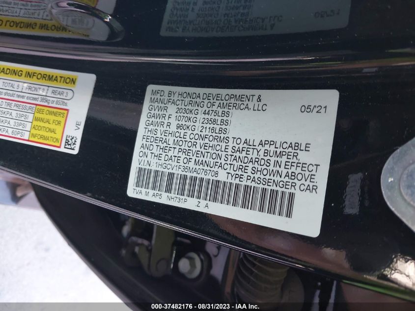 2021 HONDA ACCORD SEDAN SPORT - 1HGCV1F35MA076708