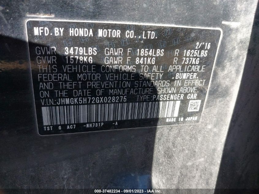 2016 HONDA FIT EX/EXL - JHMGK5H72GX028275