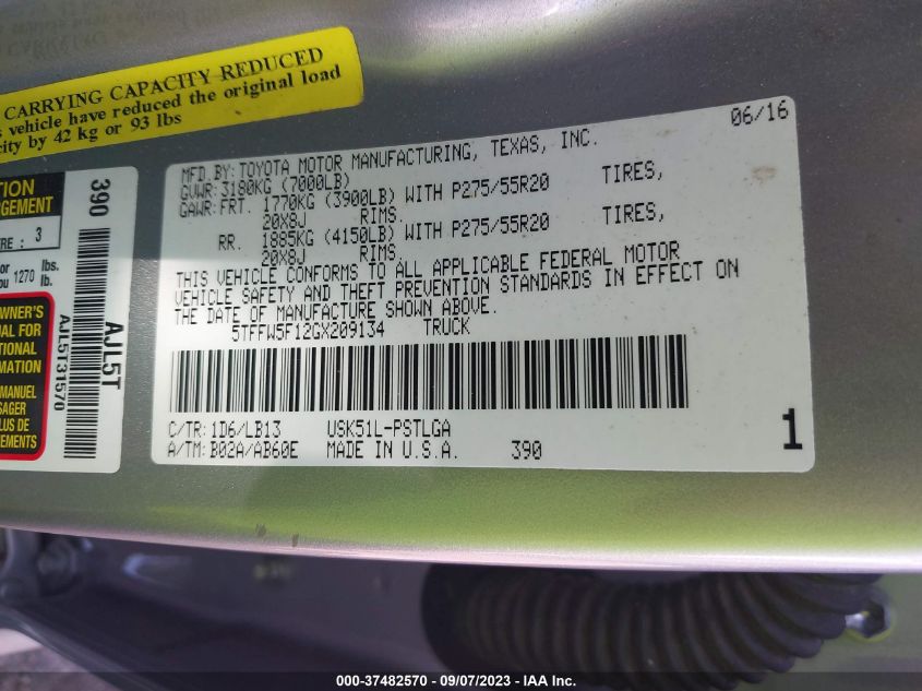 2016 TOYOTA TUNDRA LIMITED 5.7L V8 5TFFW5F12GX209134