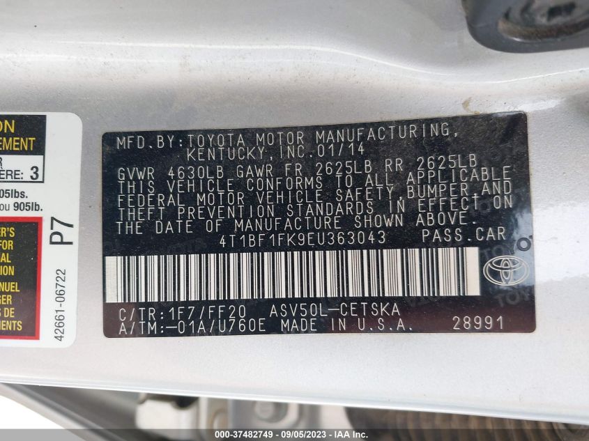 2014 TOYOTA CAMRY L/LE/XLE/SE/SE SPORT - 4T1BF1FK9EU363043