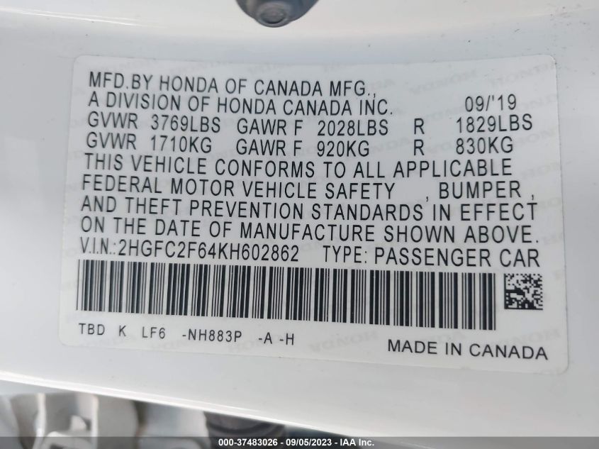 2019 HONDA CIVIC SEDAN LX - 2HGFC2F64KH602862
