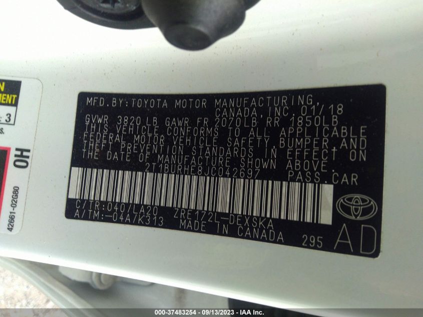 2018 TOYOTA COROLLA L/LE/XLE/SE/XSE - 2T1BURHE8JC042697