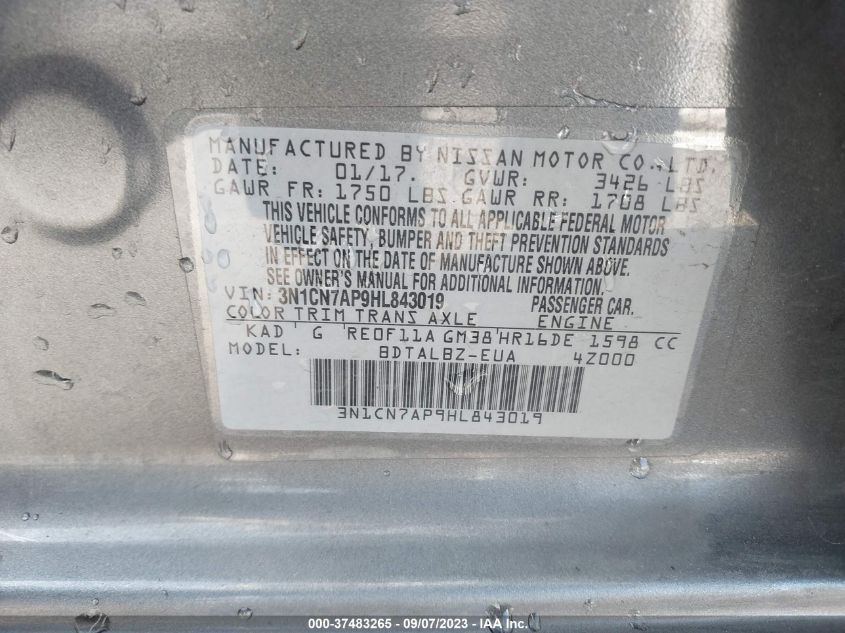 2017 NISSAN VERSA SEDAN SV - 3N1CN7AP9HL843019