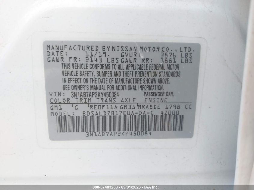 2019 NISSAN SENTRA SV - 3N1AB7AP2KY450084