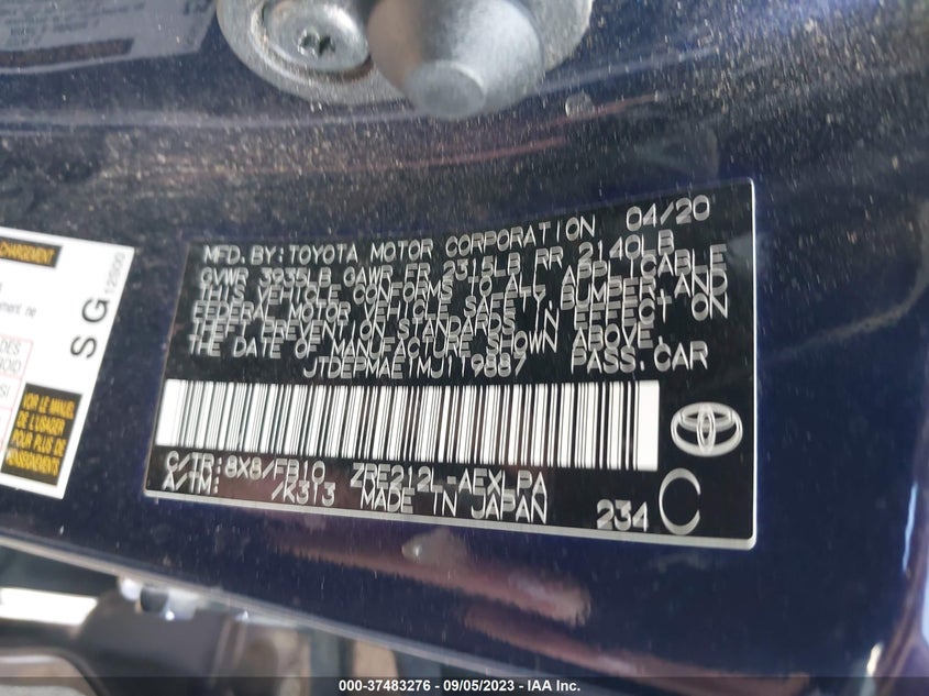 VIN JTDEPMAE1MJ119887 2021 TOYOTA COROLLA LE