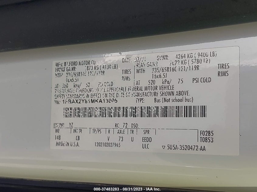 VIN 1FBAX2Y81MKA13005 2021 FORD TRANSIT PASSENGER WAGON XL/XLT